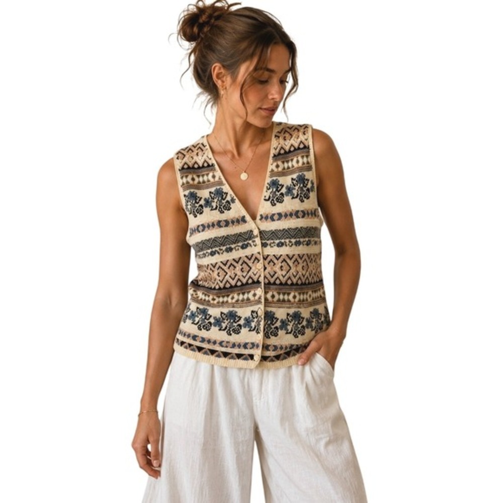 Vtg Womens Cotton Knit Sweater Vest Medium Grandpacore Coastal Fisherman Folk